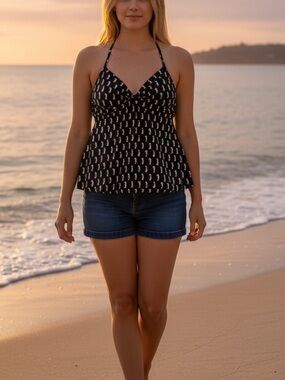 Tropical Escape Seahorse Size 10 Tankini Top adjustable black white